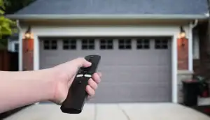 A person holding a remote control stands in front of a closed, double garage door attached to a NY house with a brick and siding exterior—typical of garage doors Nassau County homeowners prefer.