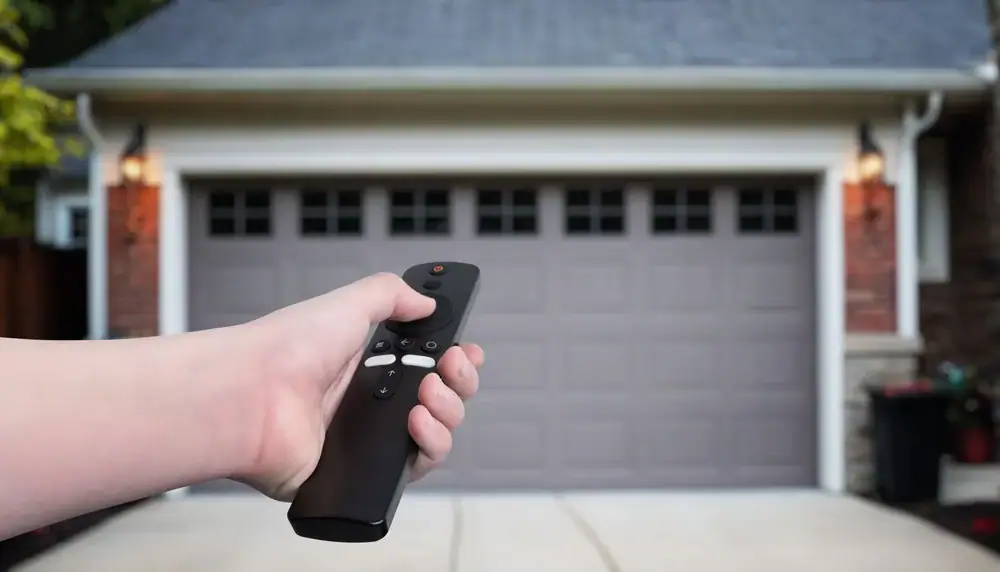 A person holding a remote control stands in front of a closed, double garage door attached to a NY house with a brick and siding exterior—typical of garage doors Nassau County homeowners prefer.
