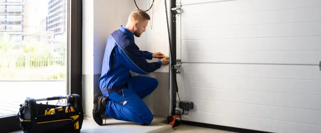 A male garage door technician in a blue jumpsuit is kneeling and adjusting a hinge on a white garage door. A toolbox is visible to his side, highlighting the professional garage door repair and installation services available in Nassau County, NY.