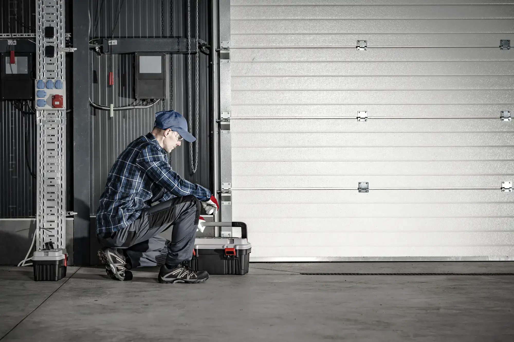 A worker in a blue cap and plaid shirt crouches by a toolbox in an industrial garage, next to a large closed metal roll-up door.
